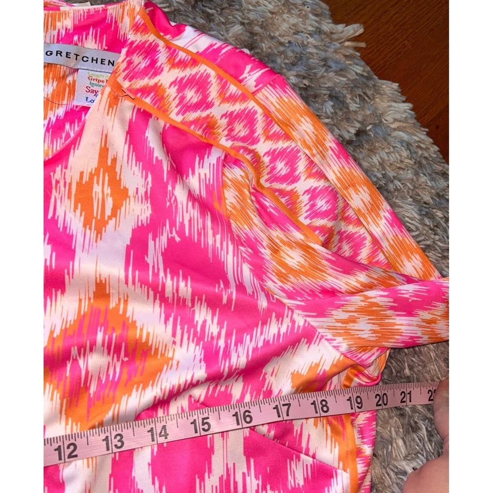 Gretchen Scott Jersey Dress Ikat Print Pink Orange White Pockets L - Picture 7 of 8